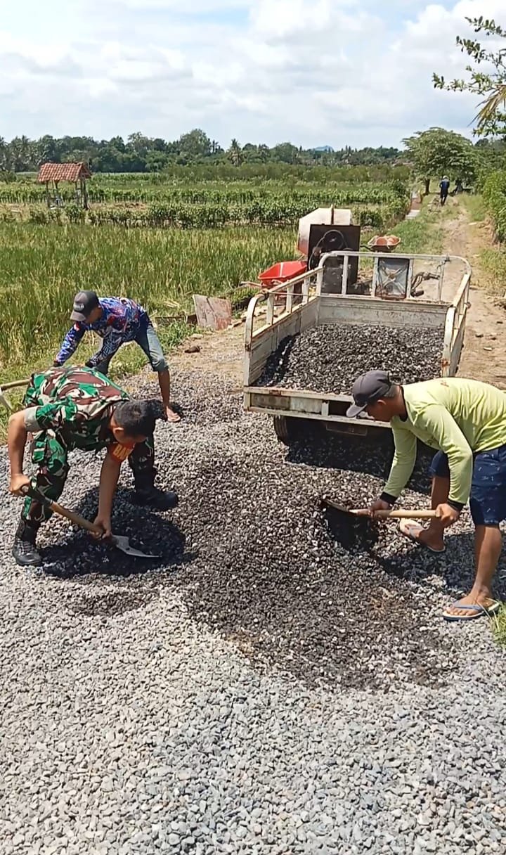 Warga Dusun Krajan Hebohkan Aksi “Geruduk Jalan Rusak”, Babinsa Cluring Turun Tangan Pimpin Perbaikan
